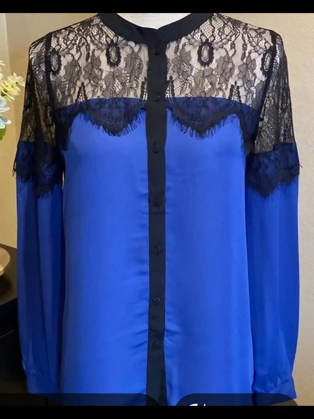 LC Lauren Conrad Royal Blue Button-Front Shirt with Black Lace Yoke